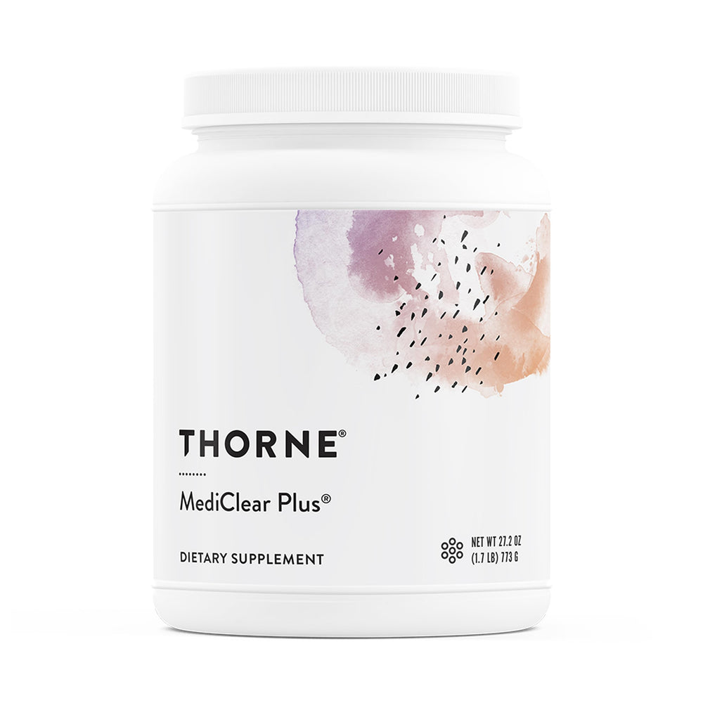 THORNE MediClear Plus bottle front shows a complete multivitamin-mineral profile for daily wellness.