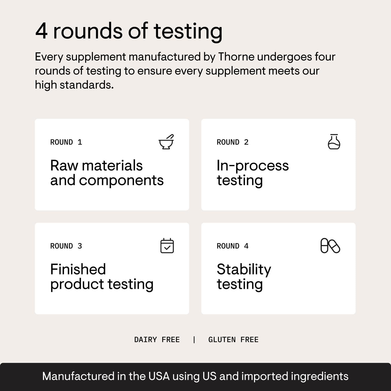 Third-party certification stamp on container conveys independent product verification.