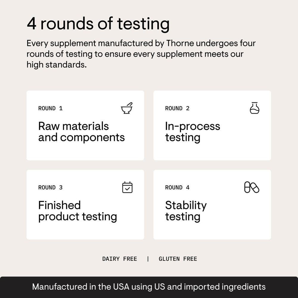 Third-party certification stamp on container conveys independent product verification.