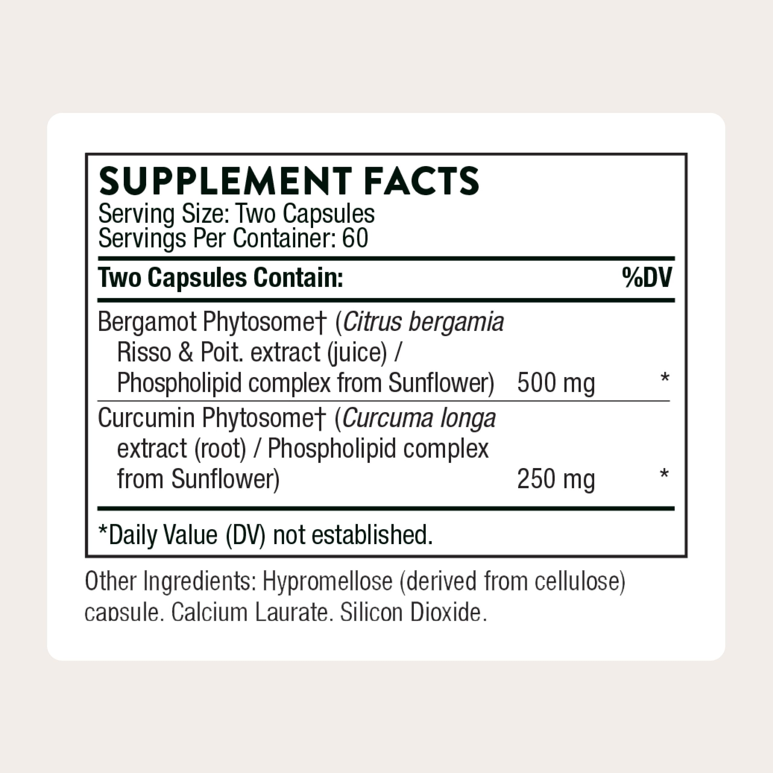 Thorne Metabolic Health bottle label close-up highlighting natural bergamot and curcumin ingredients