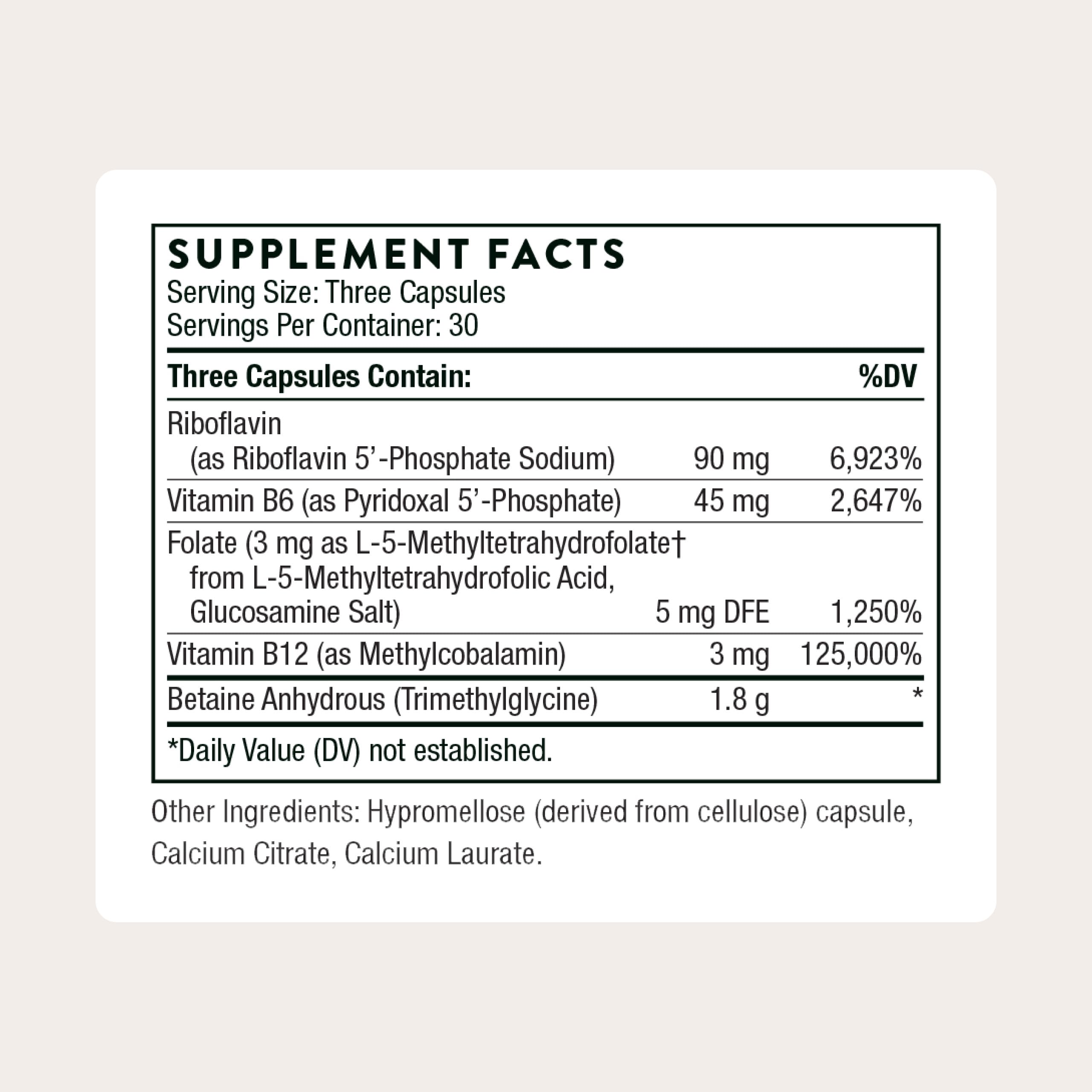 Close-up of THORNE Methyl-Guard Plus capsules illustrating active B vitamins.