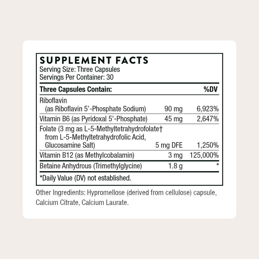 Close-up of THORNE Methyl-Guard Plus capsules illustrating active B vitamins.