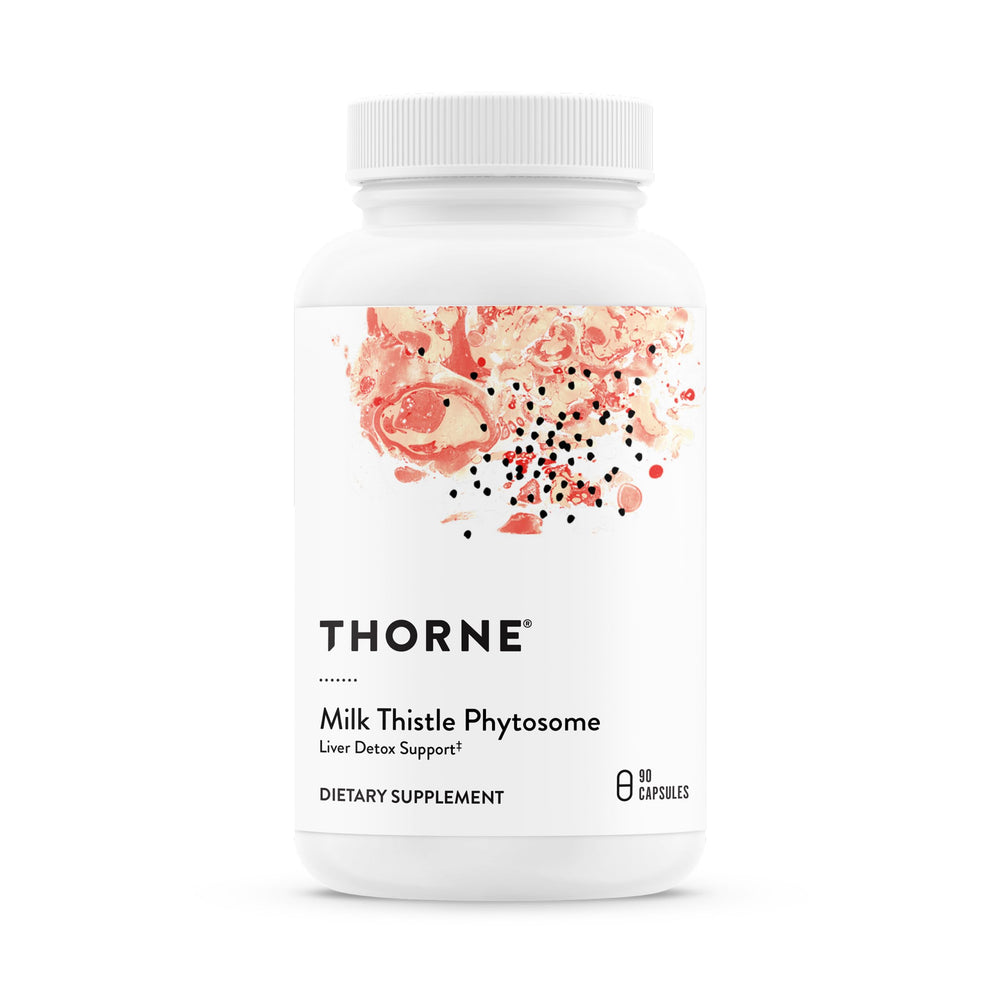 THORNE Milk Thistle Phytosome bottle on a clean surface, suggesting daily antioxidant support.