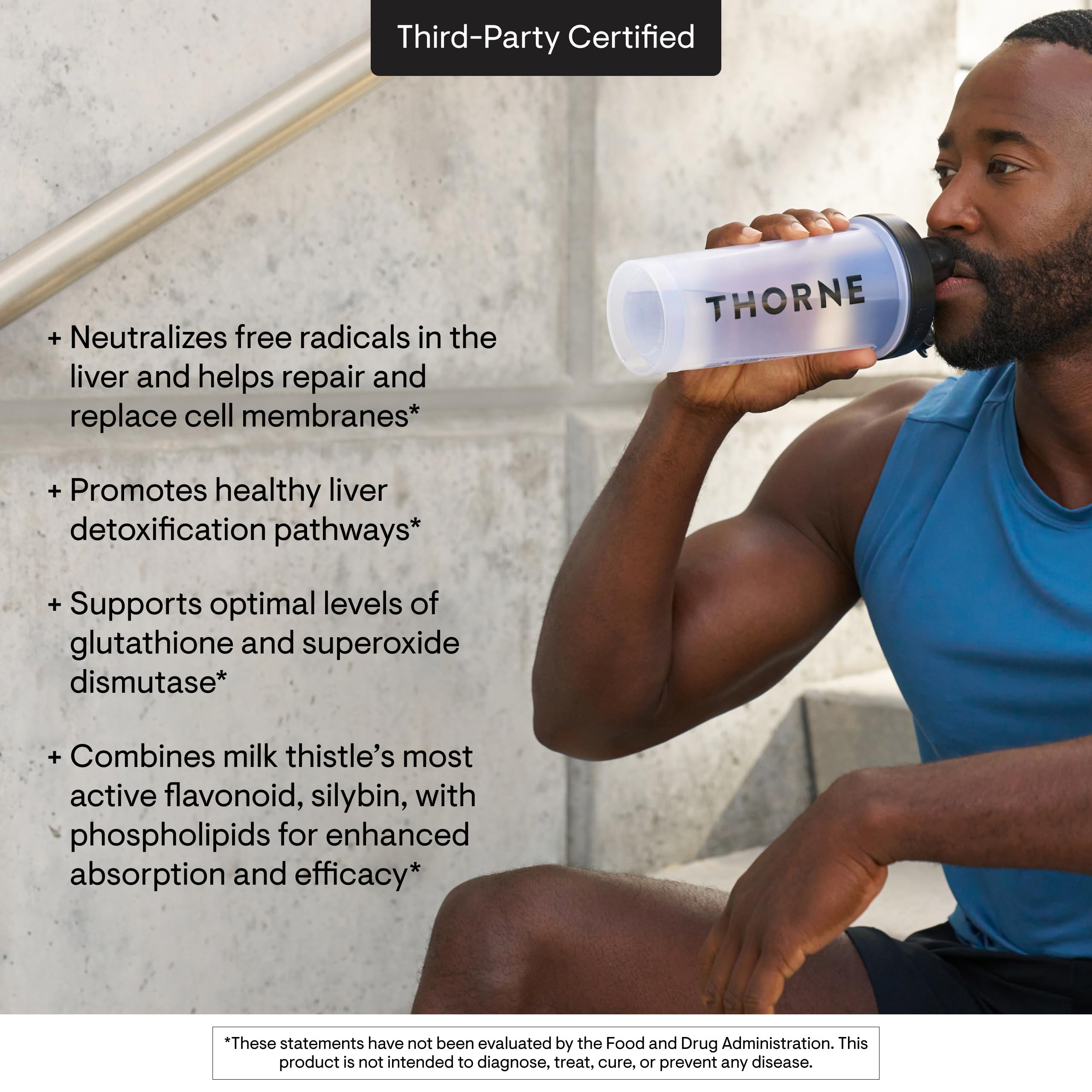 THORNE Milk Thistle Phytosome gluten-free label against white background.