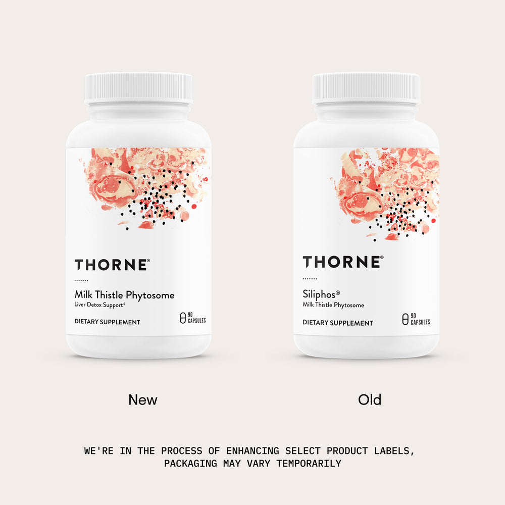 THORNE Milk Thistle Phytosome label closeup highlighting gluten-free formulation and quality.