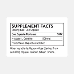THORNE NAC 500mg bottle back label detailing ingredients and usage.