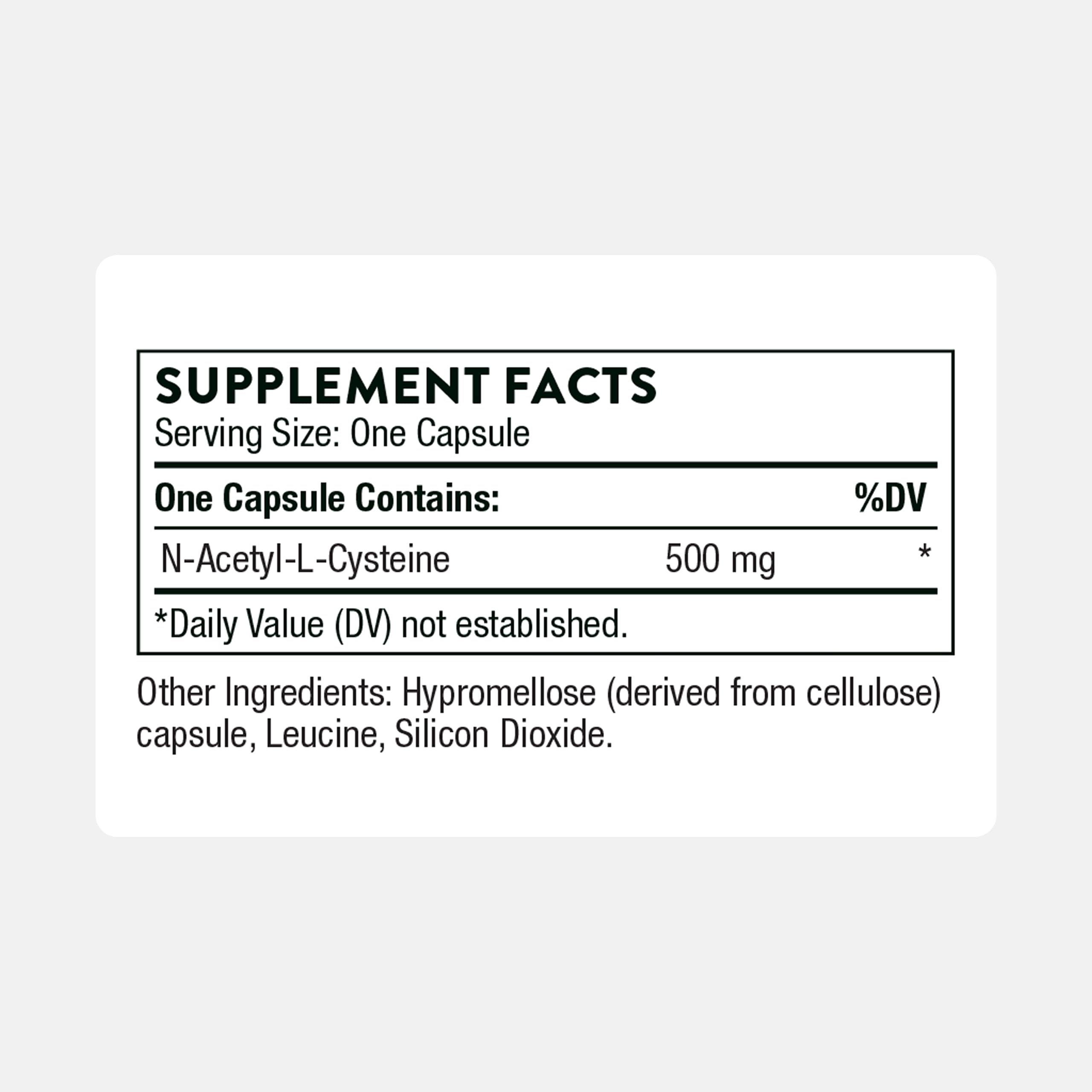 THORNE NAC 500mg bottle label detail shows dosage and allergen-free claim