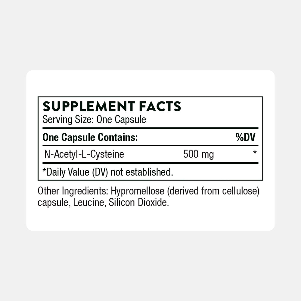 THORNE NAC 500mg bottle label detail shows dosage and allergen-free claim