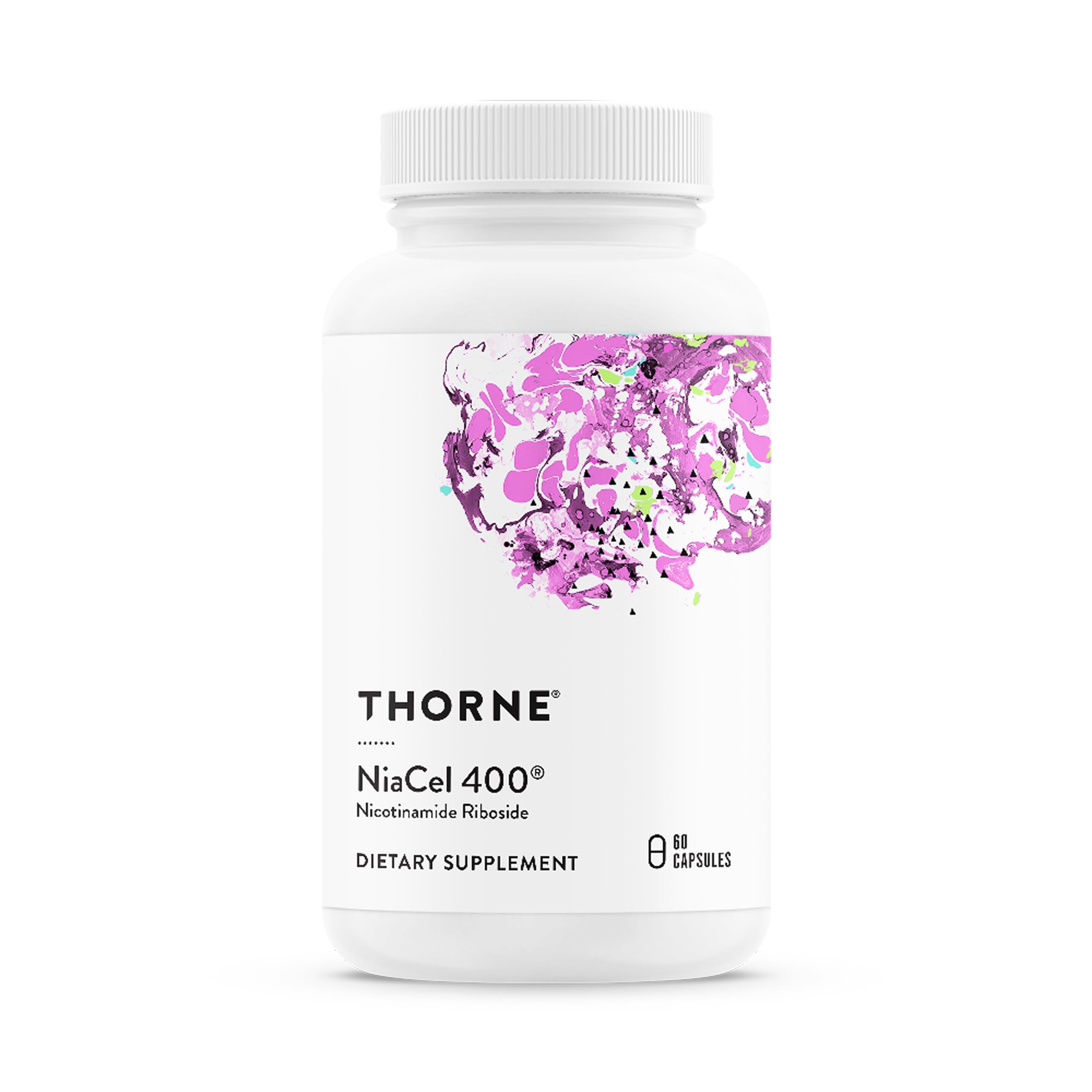 THORNE NiaCel 400 bottle front view highlighting NAD support for daily vitality
