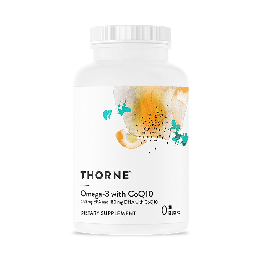 THORNE Omega-3 with CoQ10 bottle for daily heart and energy support.