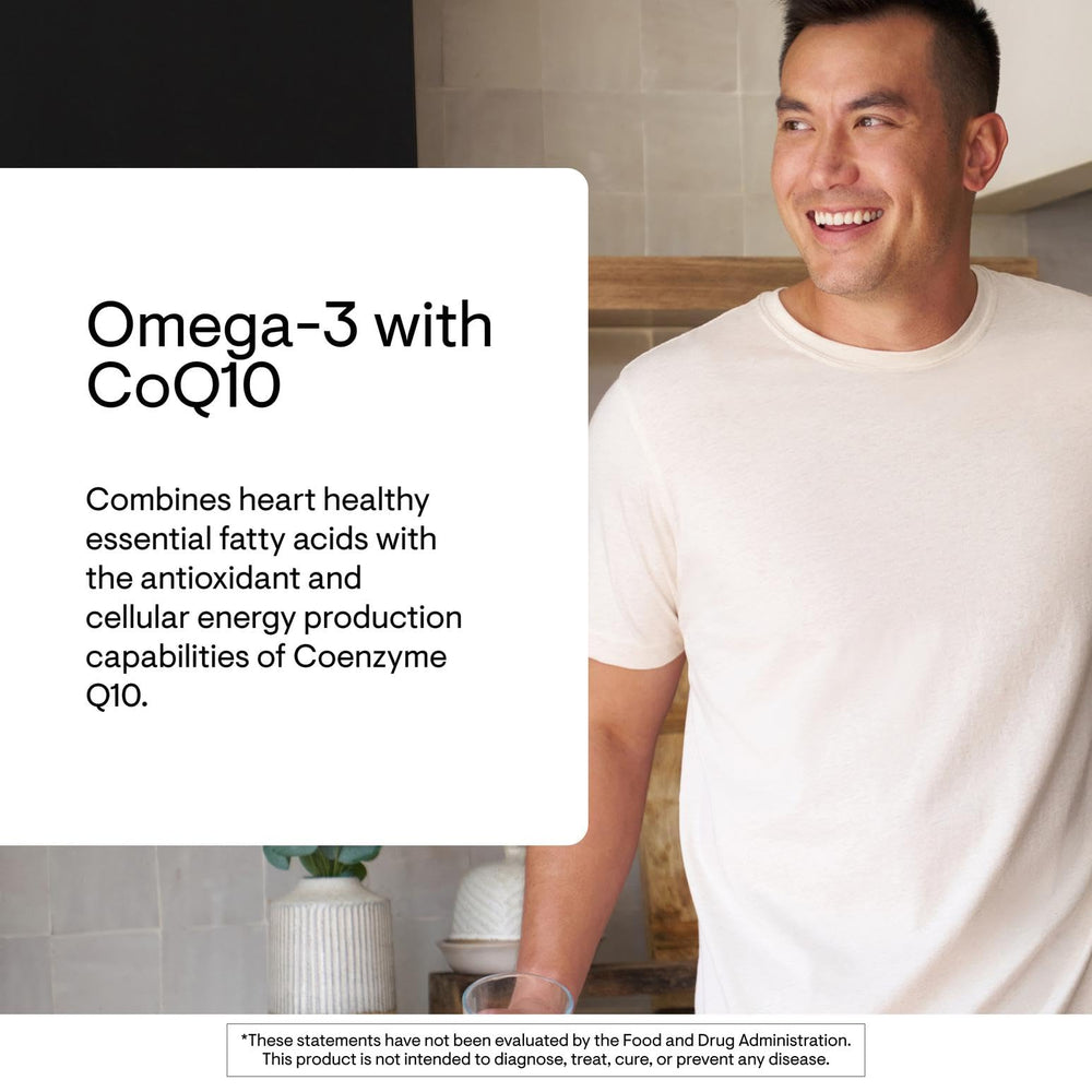 THORNE Omega-3 CoQ10 bottle pour for on-the-go daily use.
