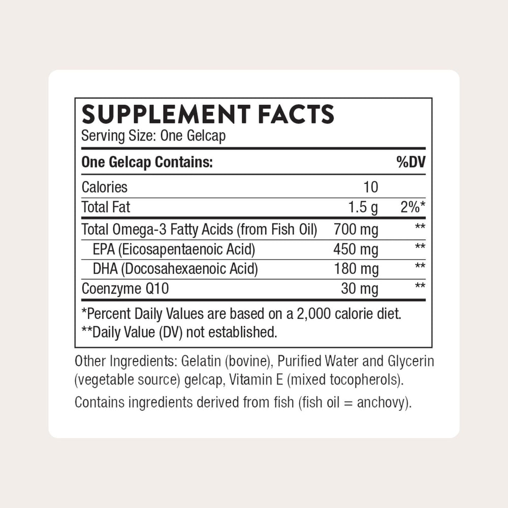 THORNE Omega-3 CoQ10 gelcaps close-up, easy daily wellness support.