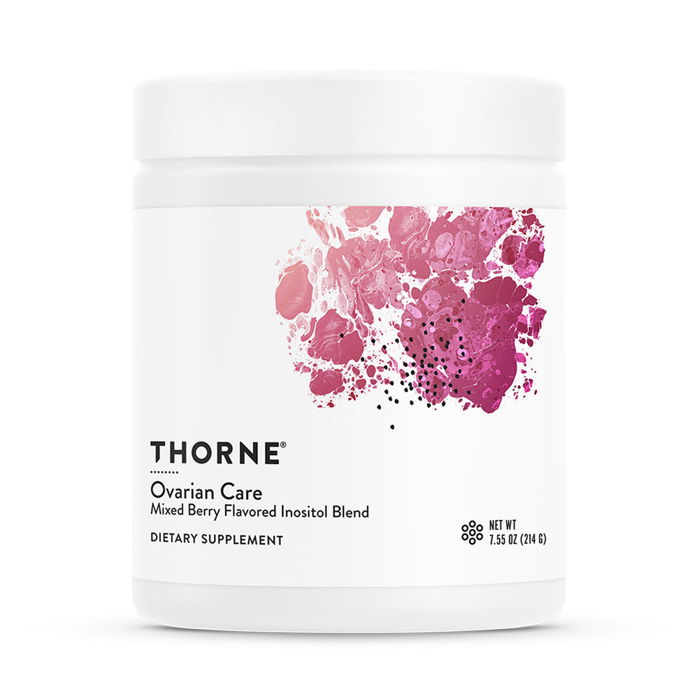 THORNE Ovarian Care bottle front shows mixed berry formula for daily support.