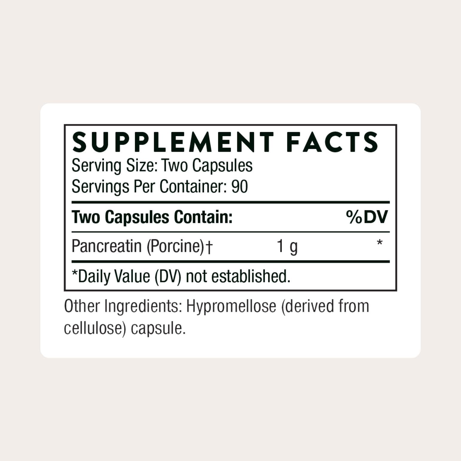 THORNE Pancreatic Enzymes label close-up highlighting purity and potency
