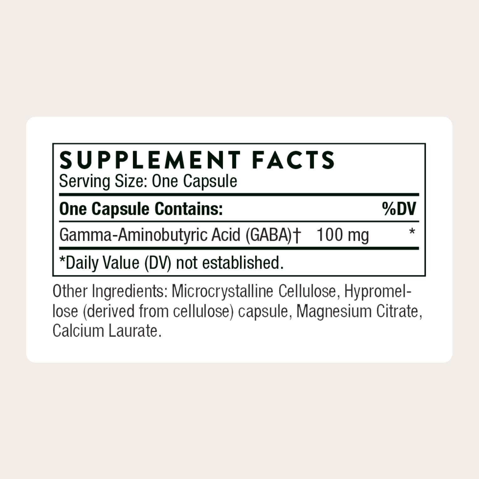 Close-up of PharmaGABA-100 capsules highlighting natural-source GABA content for calm support.