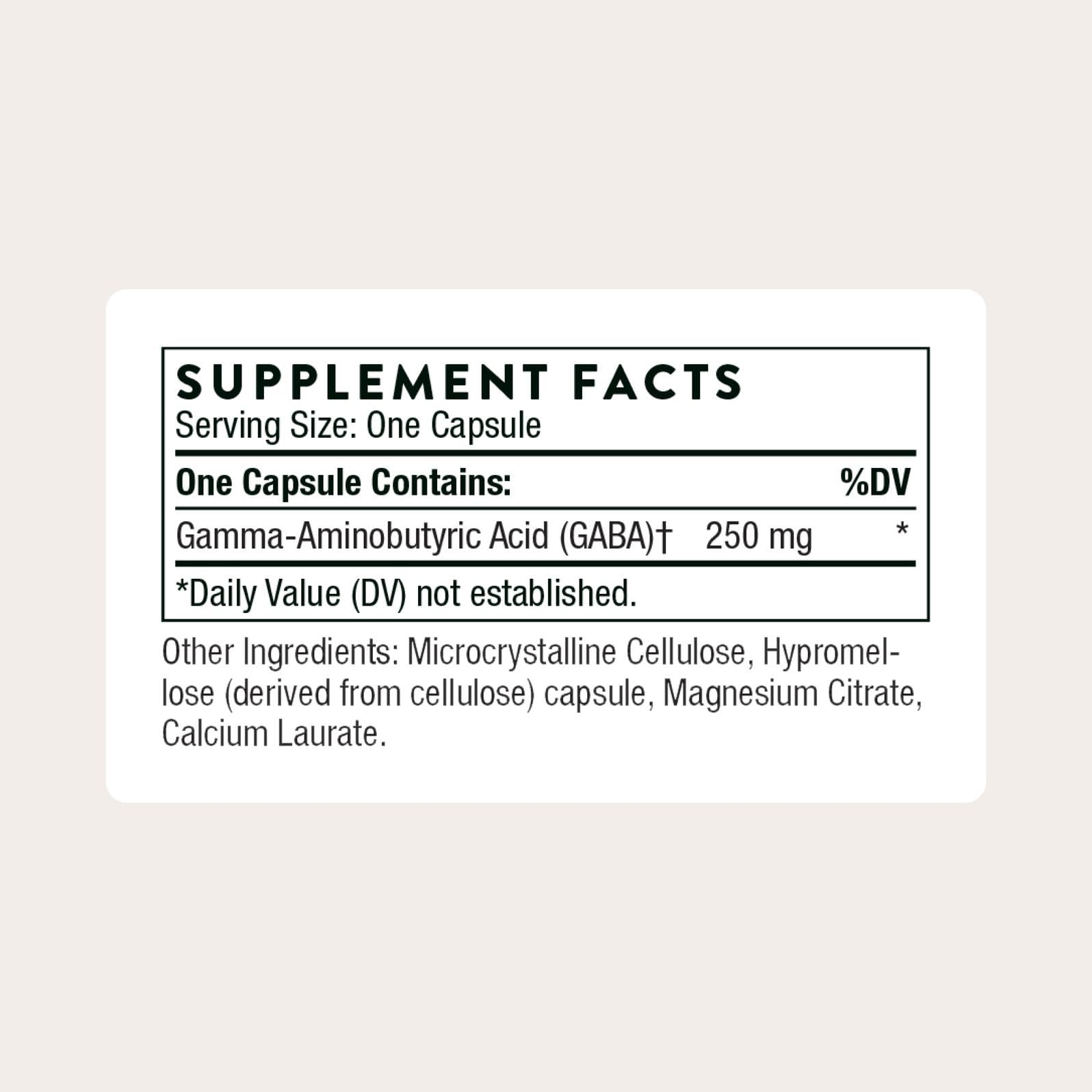 THORNE PharmaGABA-250 bottle back shows third-party contents certification and label info