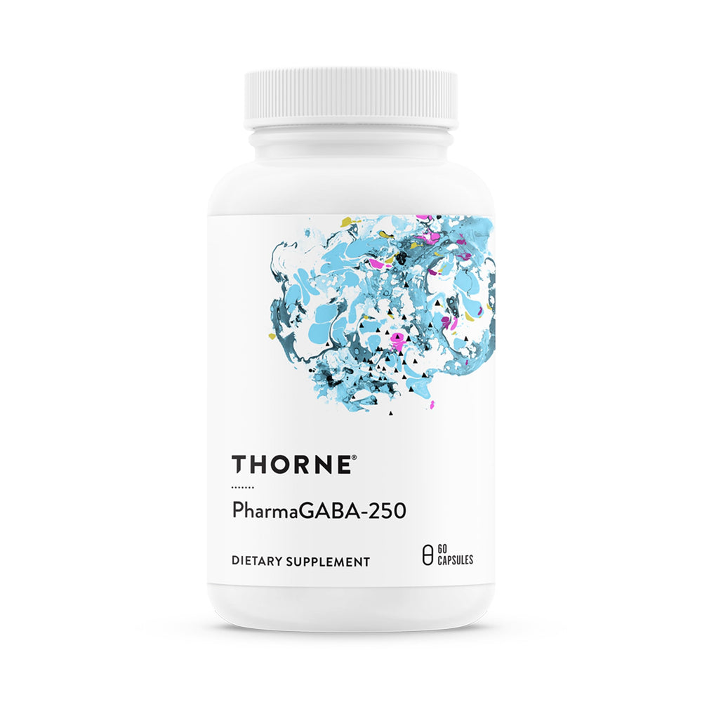 THORNE PharmaGABA-250 bottle front emphasizes calm and focus benefits