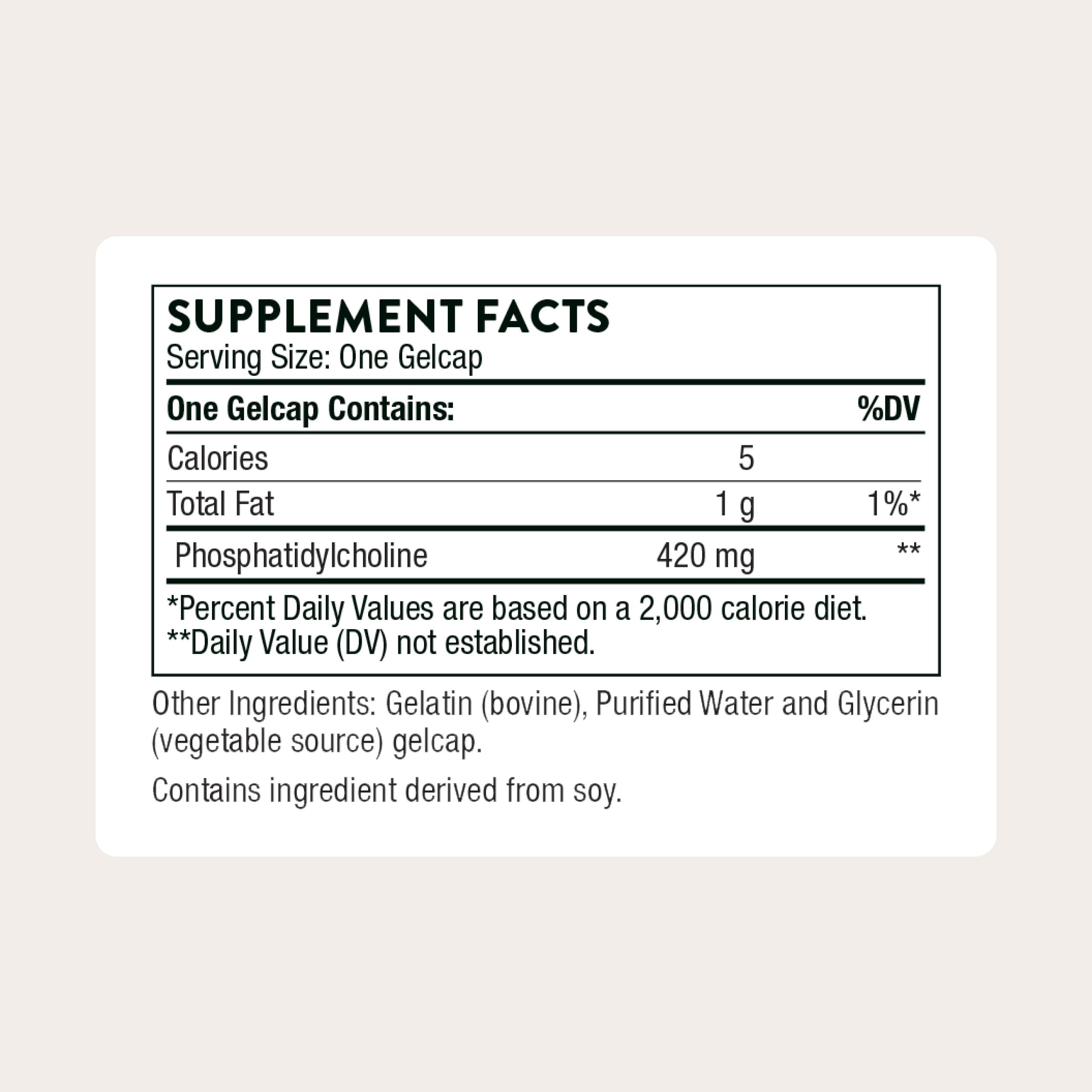 thorne phosphatidyl-choline bottle label clearly lists ingredients for informed dosing