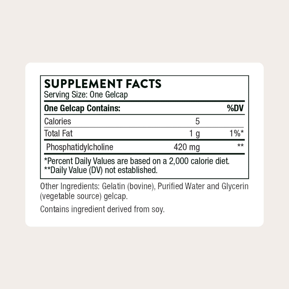 thorne phosphatidyl-choline bottle label clearly lists ingredients for informed dosing