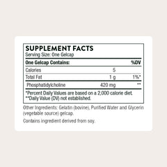 thorne phosphatidyl-choline bottle label clearly lists ingredients for informed dosing