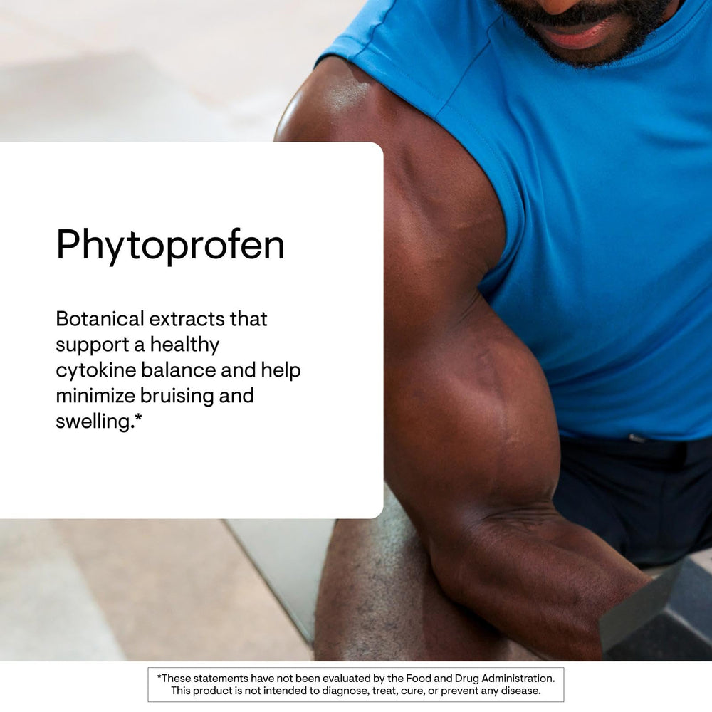 Pouring THORNE Phytoprofen capsules from the bottle for post-activity recovery.