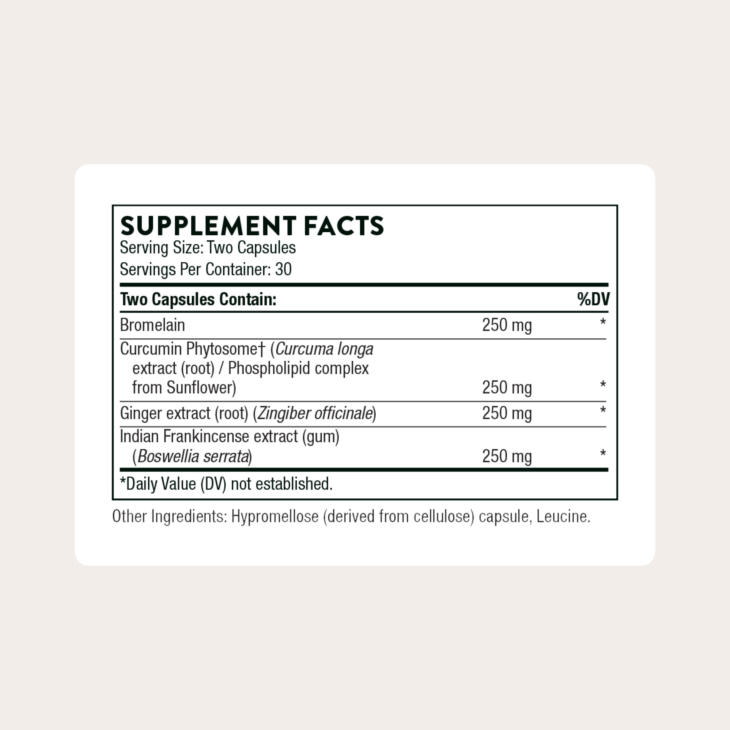 THORNE Phytoprofen capsules close-up, highlighting the ginger-boswellia-curcumin blend for inflammatory balance.