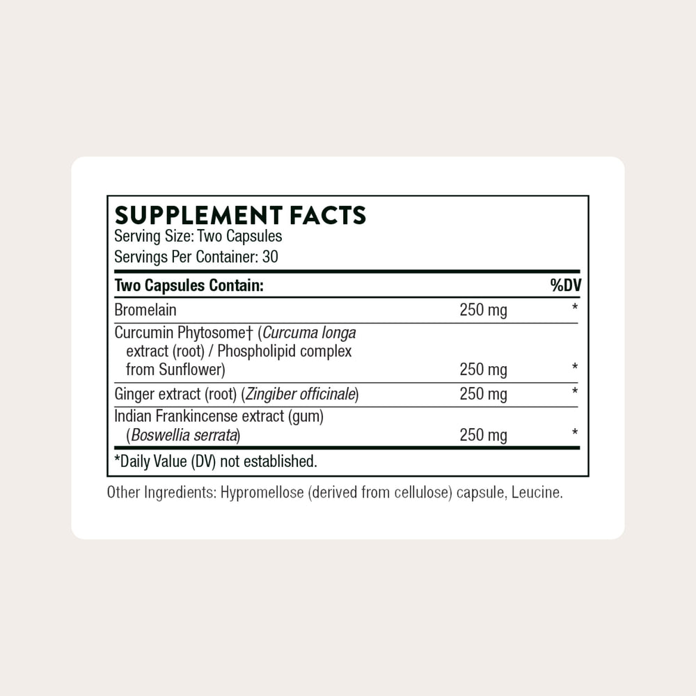 THORNE Phytoprofen capsules close-up, highlighting the ginger-boswellia-curcumin blend for inflammatory balance.