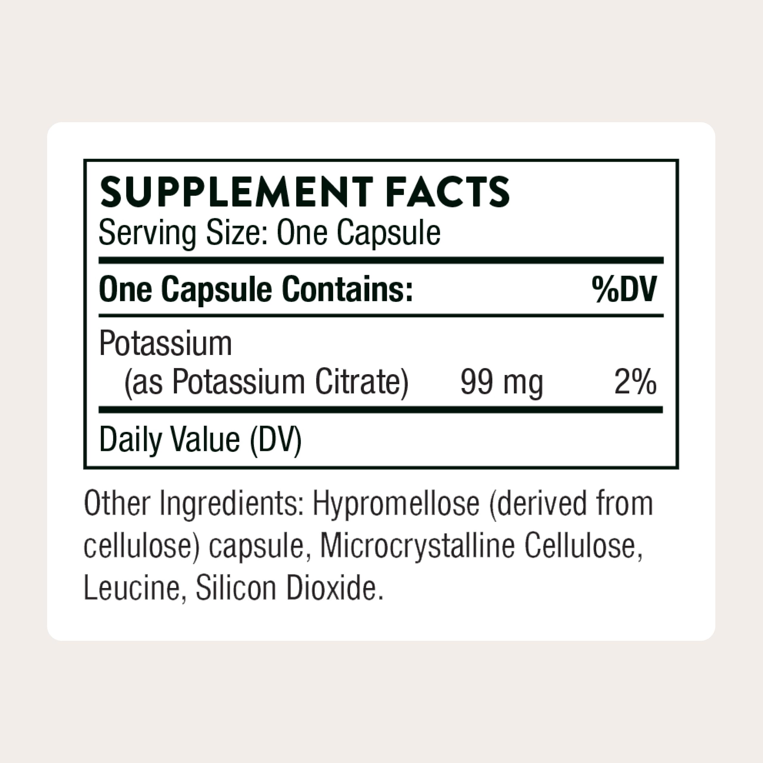 Close-up of THORNE Potassium Citrate capsules highlighting highly absorbable formulation