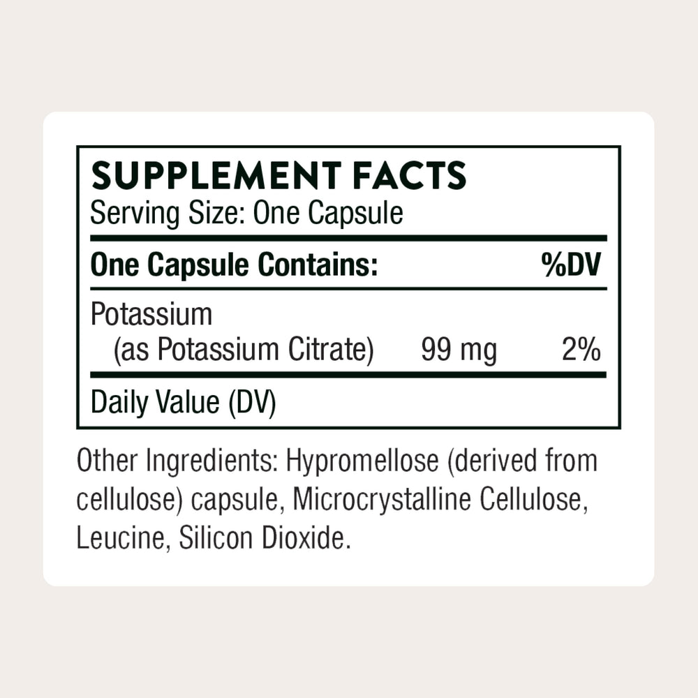 Close-up of THORNE Potassium Citrate capsules highlighting highly absorbable formulation