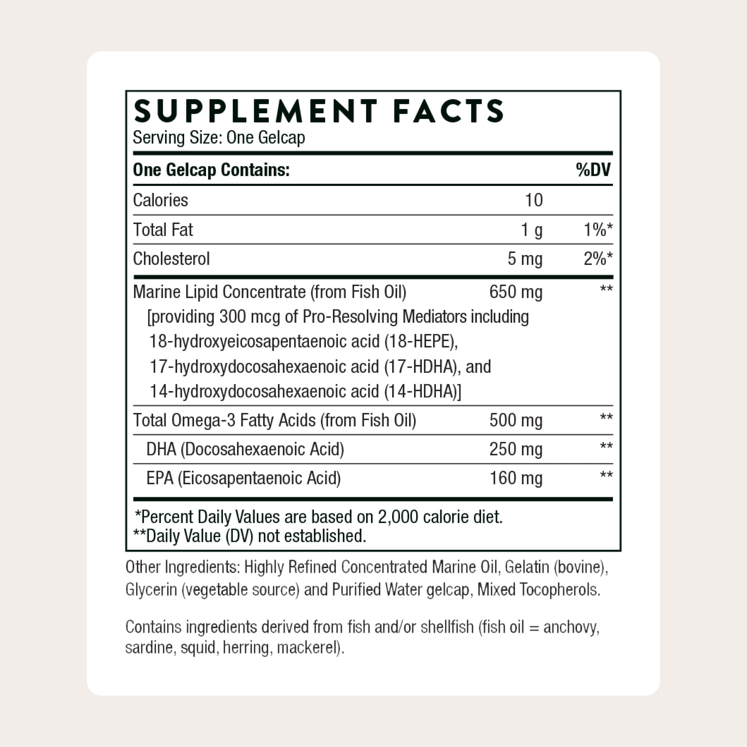 THORNE Pro-Resolving Mediators capsules close-up showing easy-to-swallow gelcaps.