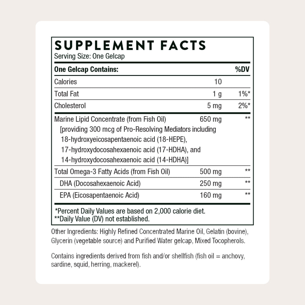 THORNE Pro-Resolving Mediators capsules close-up showing easy-to-swallow gelcaps.