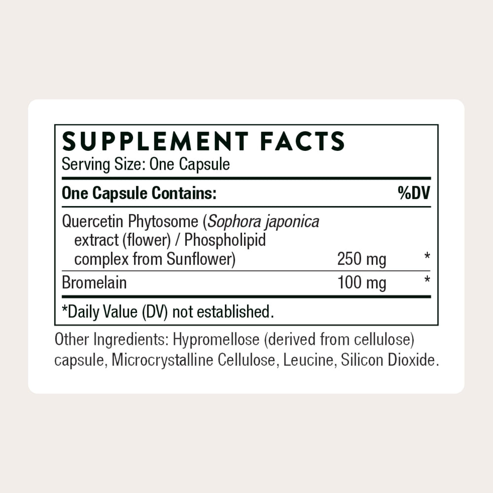 THORNE Quercetin Complex bottle label emphasizes allergen-free formulation