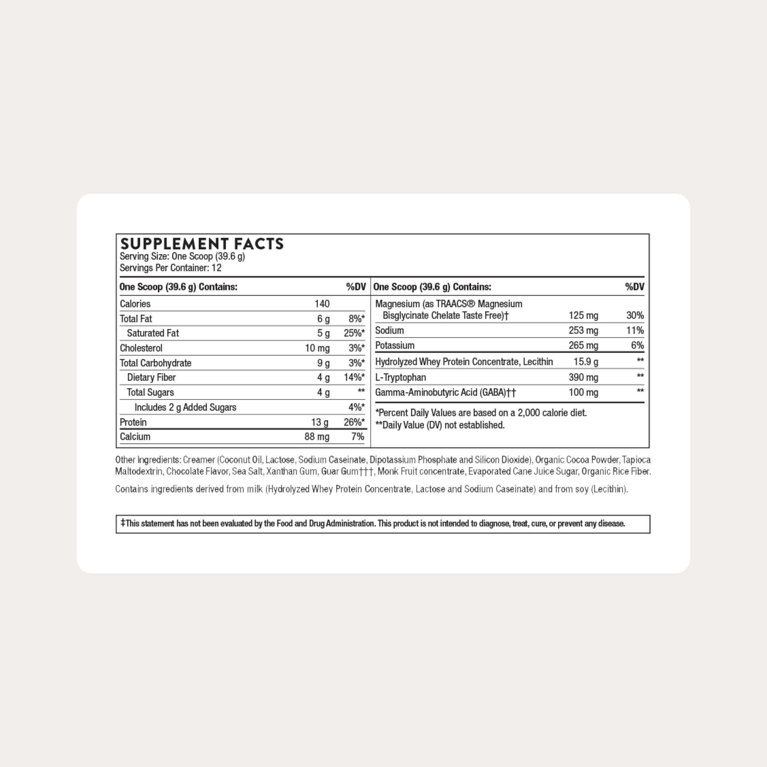 THORNE RecoveryPro whey tub back highlights amino acid profile and recommended serving size.