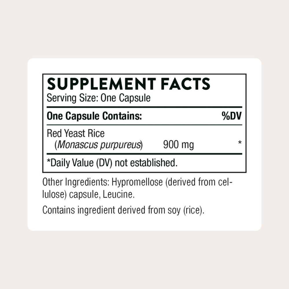 Thorne Red Yeast Rice bottle label close-up highlighting supplement details for daily use.