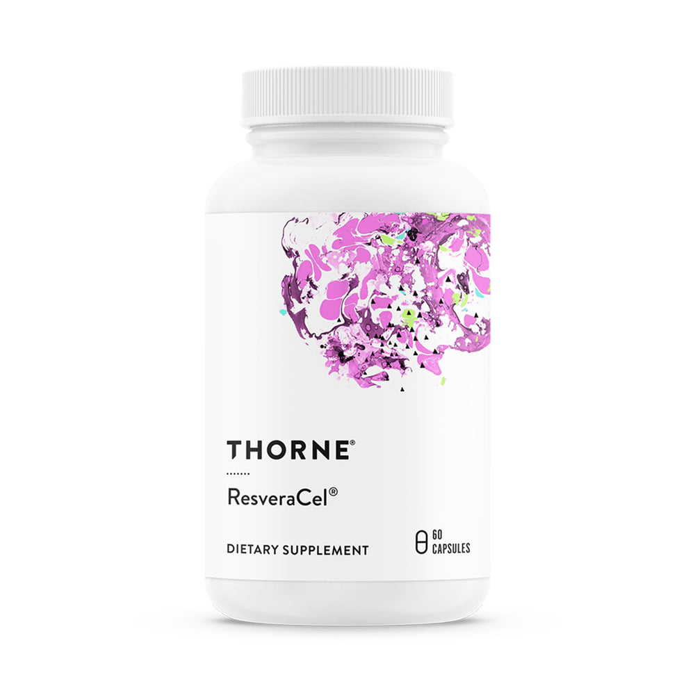THORNE ResveraCel bottle front view supports healthy aging with NR and resveratrol in daily wellness.