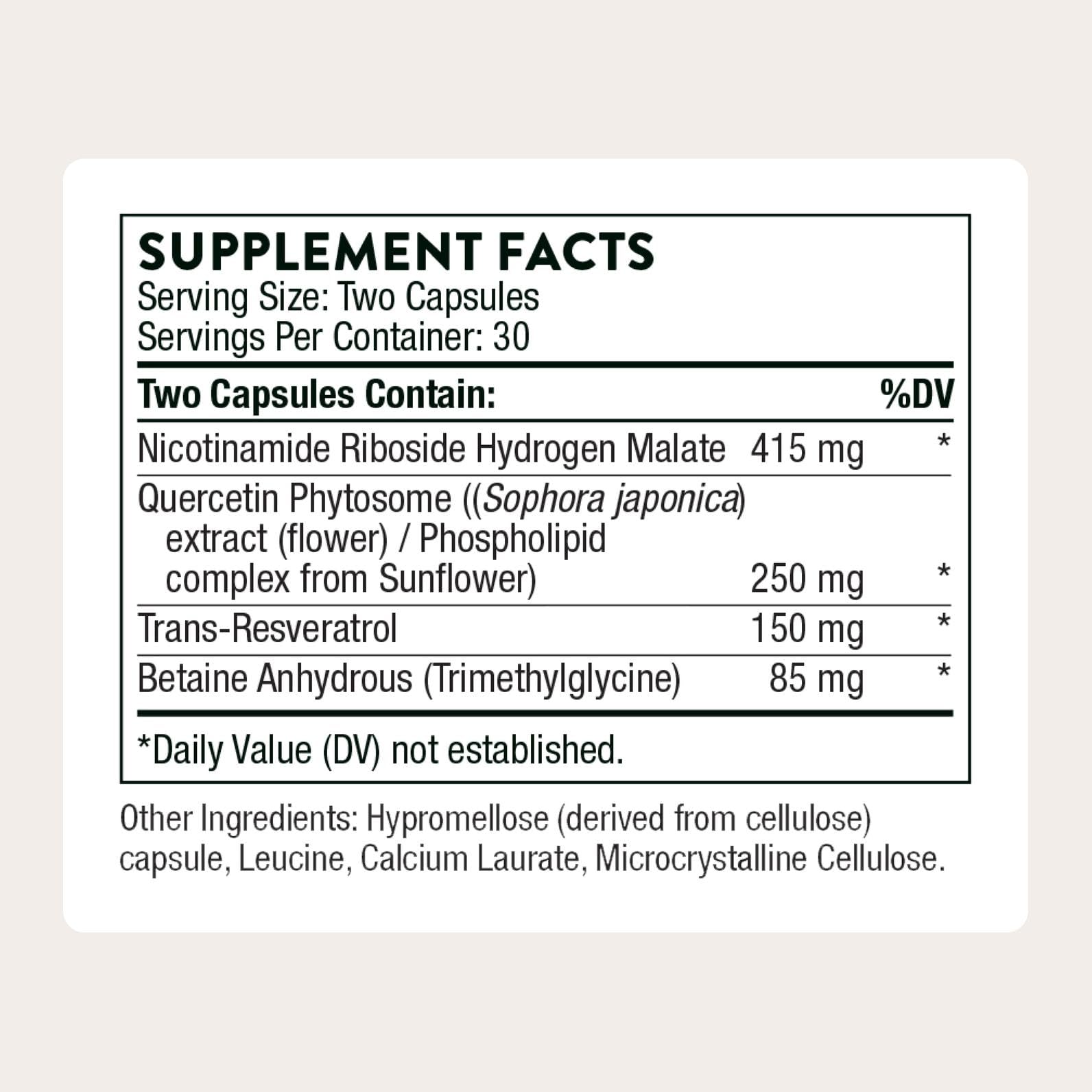 THORNE ResveraCel bottle side-label highlights NR, quercetin, and resveratrol ingredients.