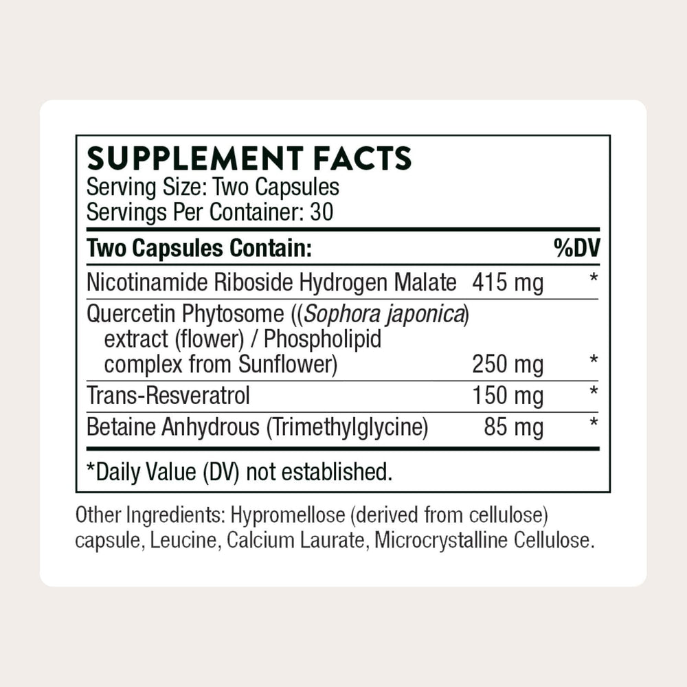 THORNE ResveraCel bottle side-label highlights NR, quercetin, and resveratrol ingredients.