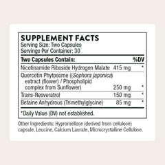 THORNE ResveraCel bottle side-label highlights NR, quercetin, and resveratrol ingredients.