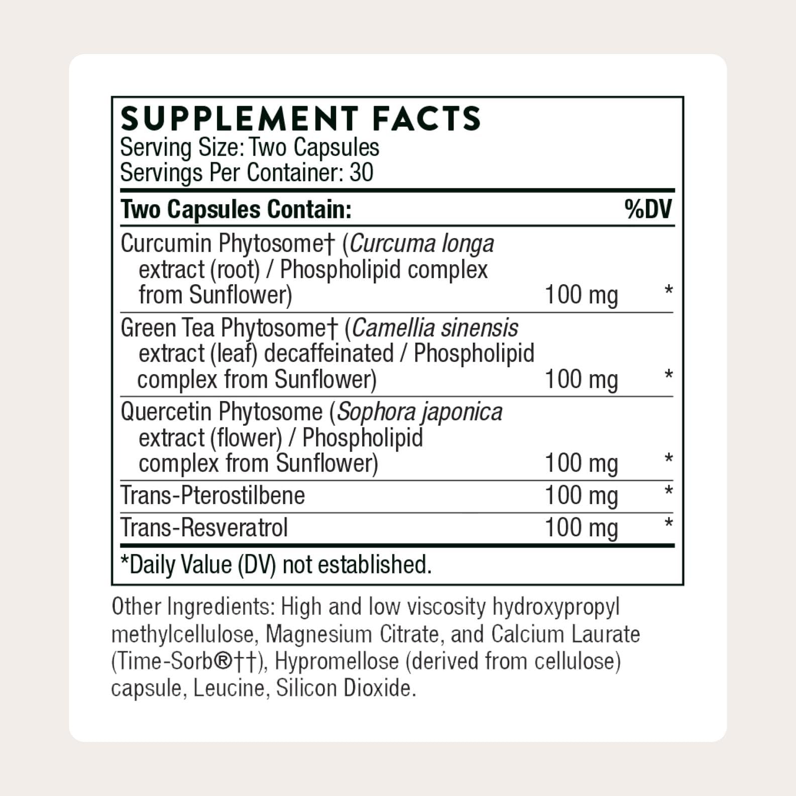 THORNE Resveratrol Complex bottle back detailing ingredients and certifications