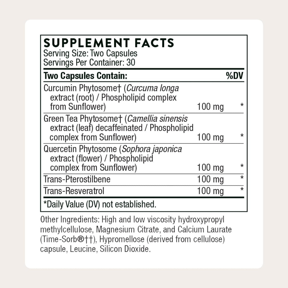THORNE Resveratrol Complex bottle back detailing ingredients and certifications