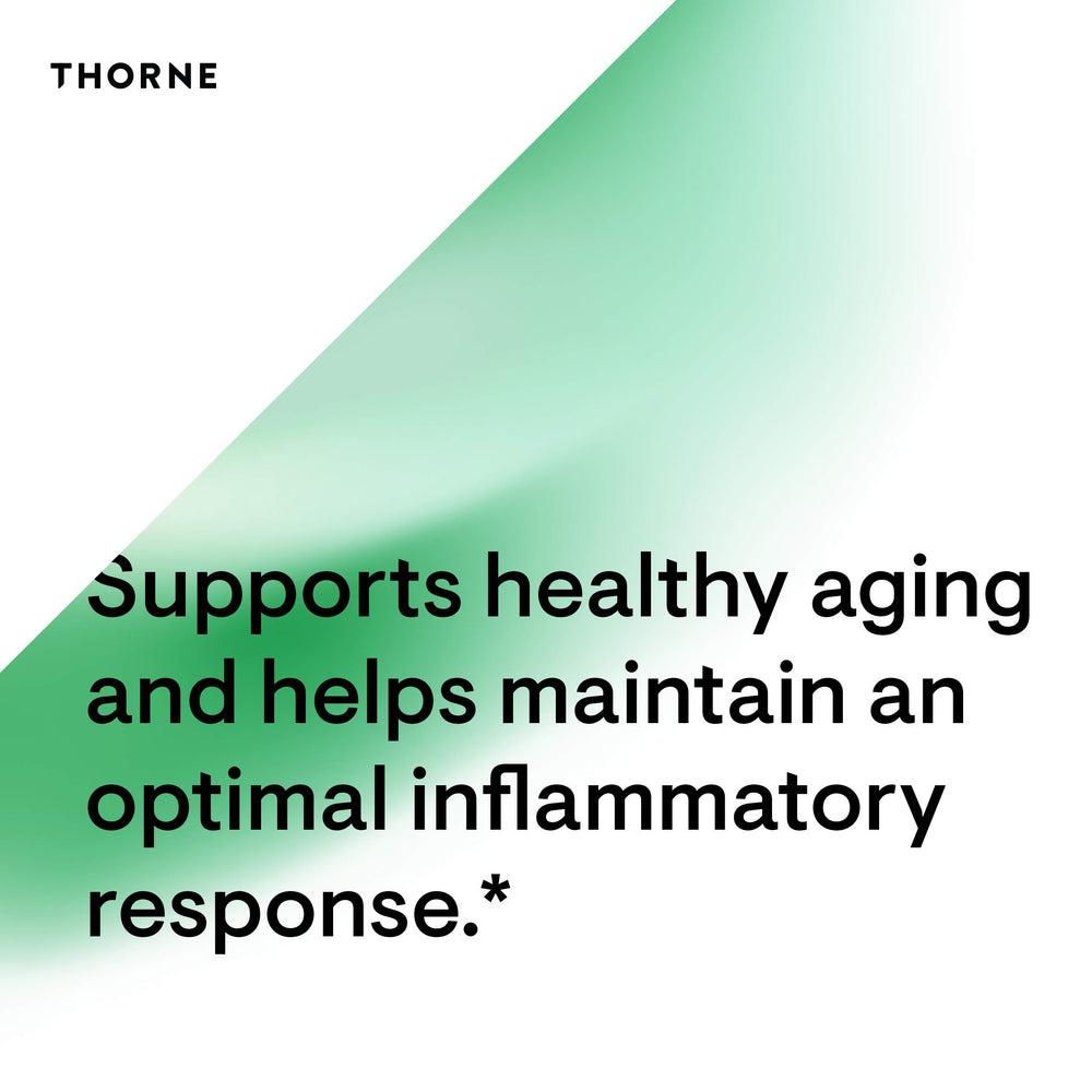 THORNE Resveratrol Complex green tea illustration emphasizes antioxidant blend