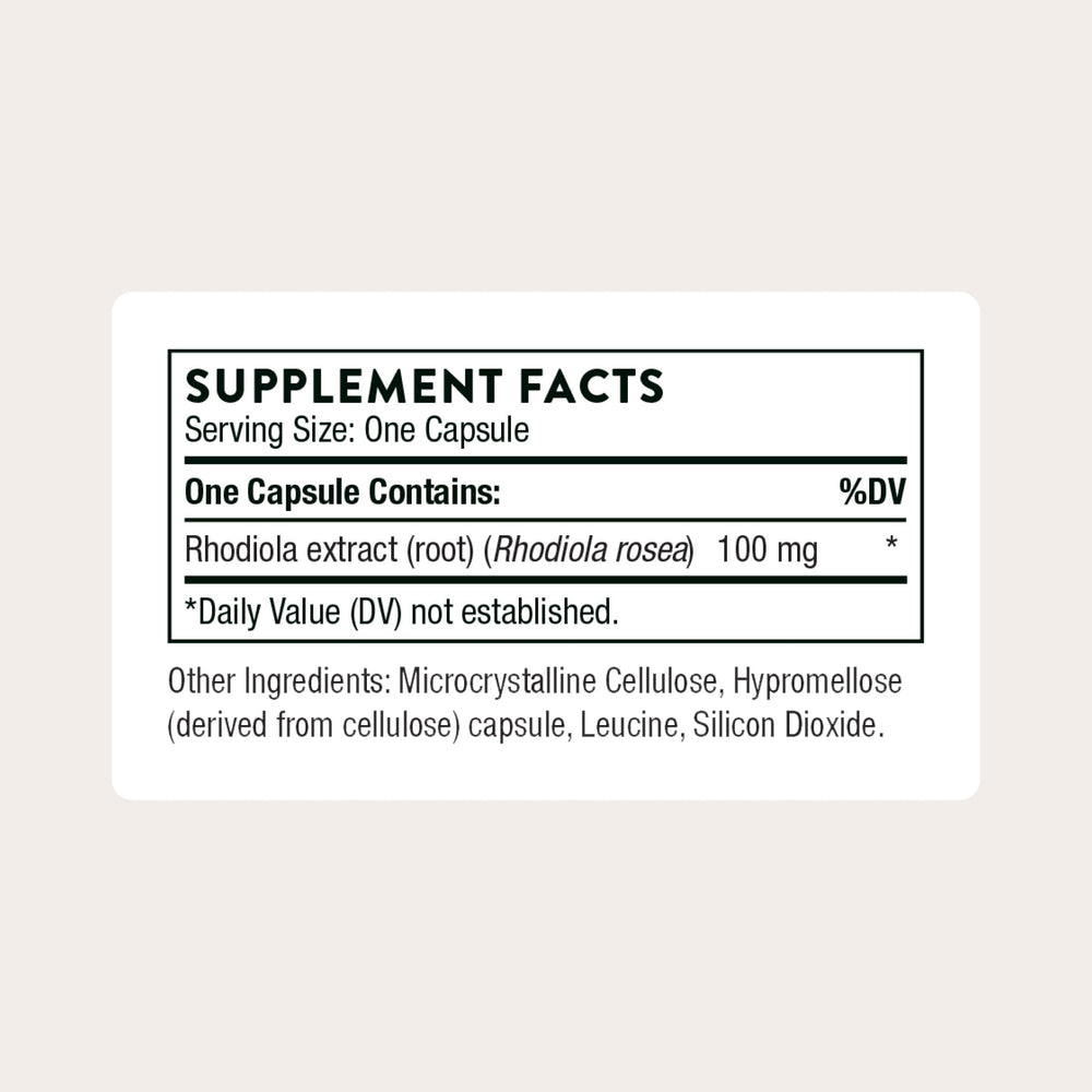 THORNE Rhodiola capsules closeup highlighting potency for focus