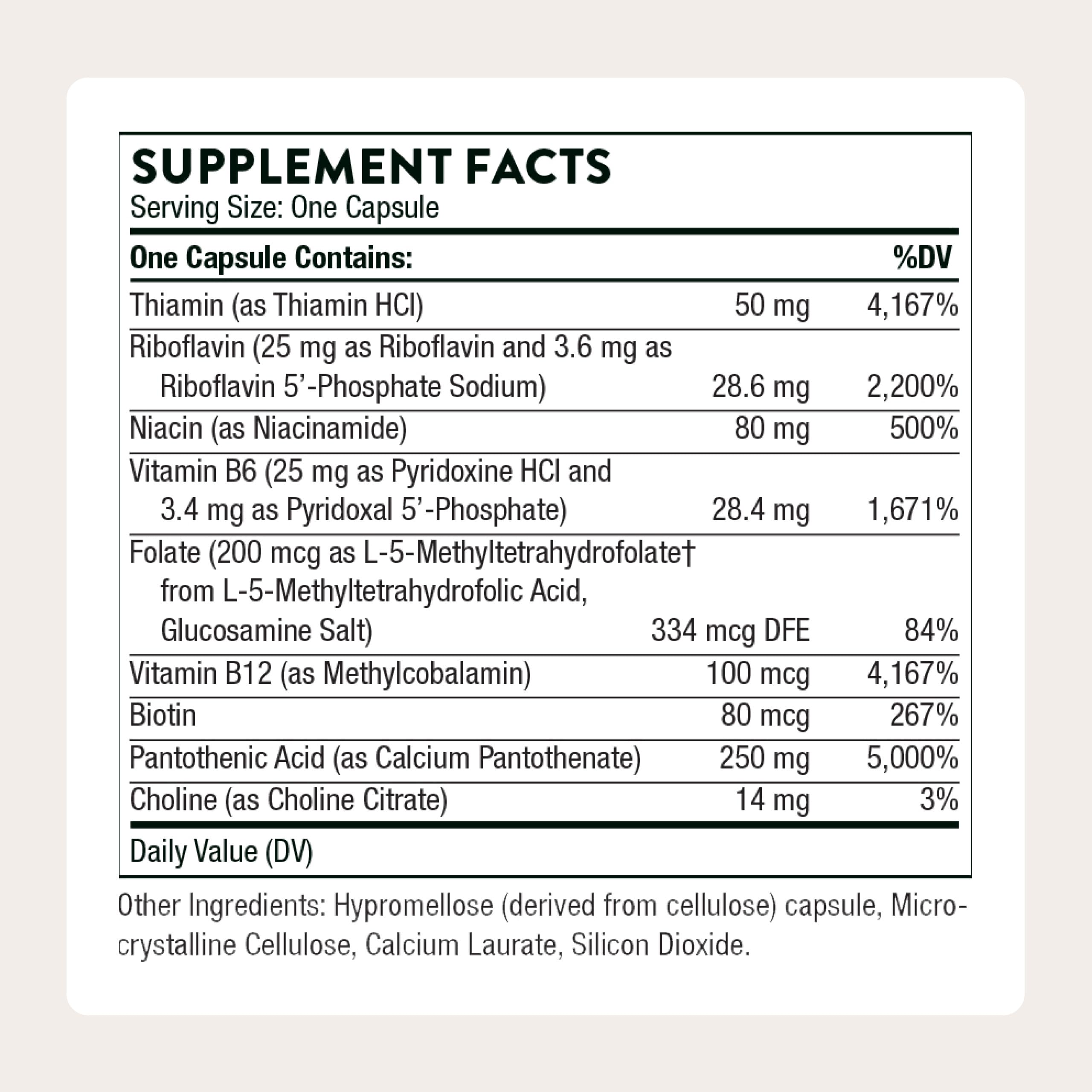 Thorne Stress B-Complex capsules closeup showing bioavailable B vitamins.