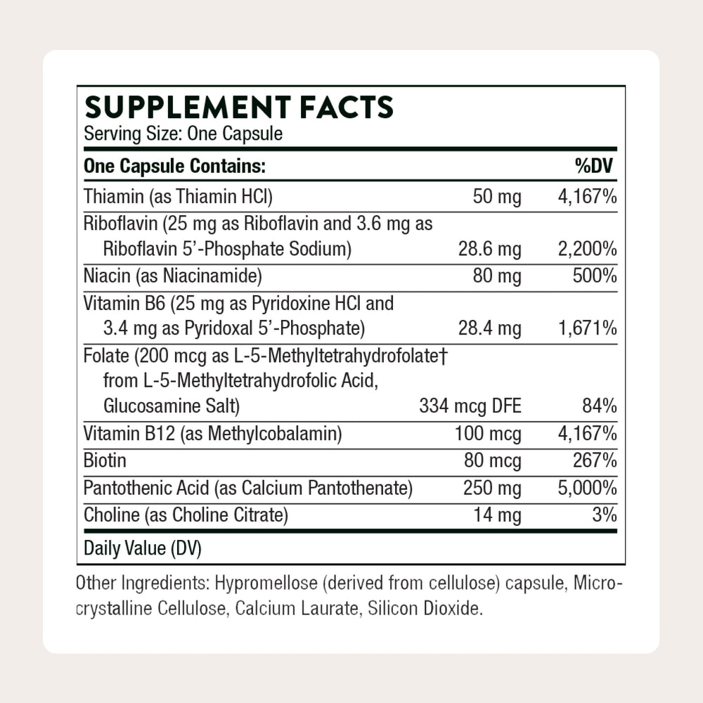 Thorne Stress B-Complex capsules closeup showing bioavailable B vitamins.