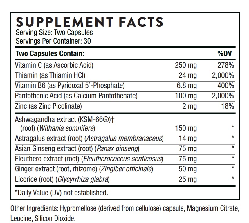 Close-up of THORNE Stress Balance capsules for daily adrenal support