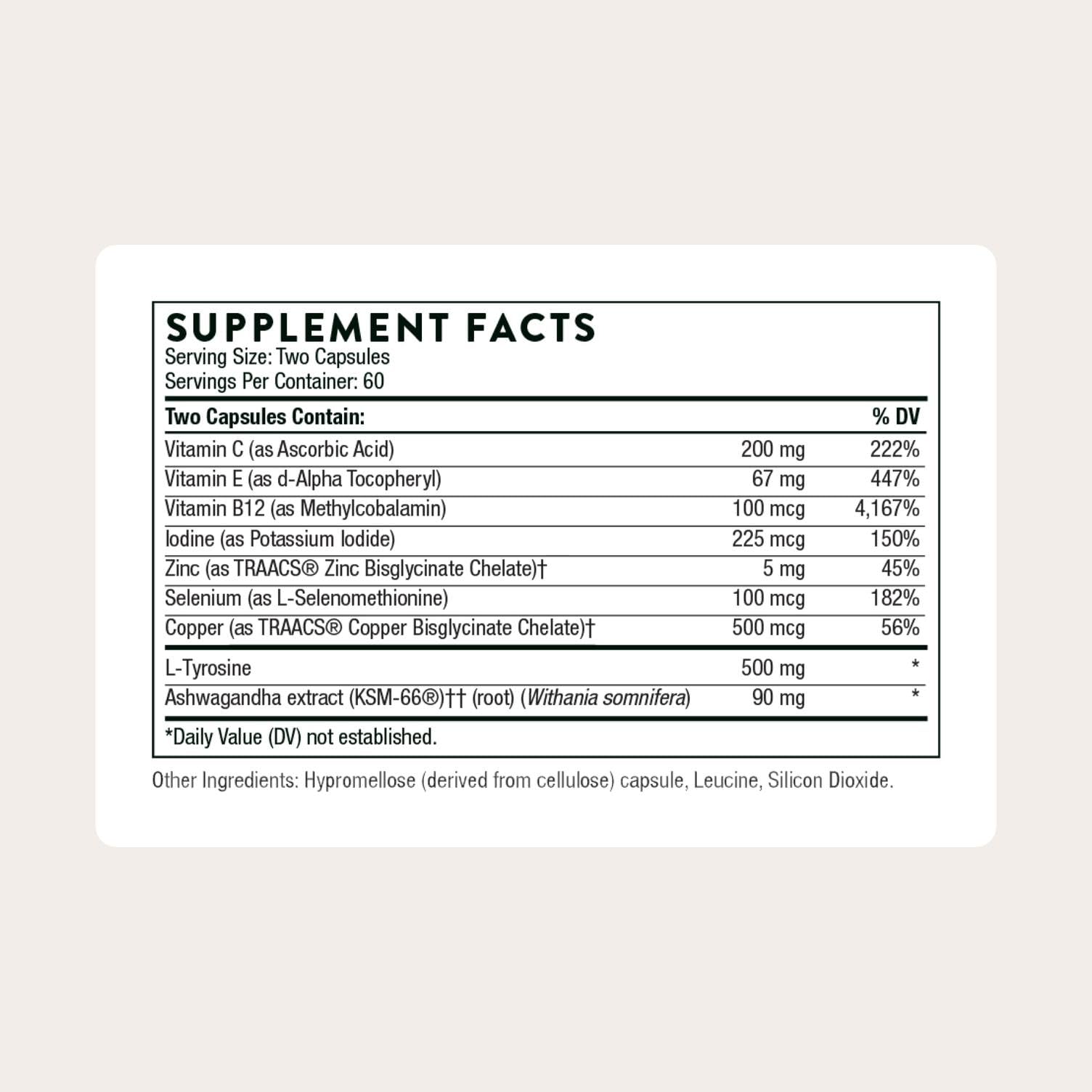 Close-up of THORNE Thyroid Health Complex label highlighting key cofactors