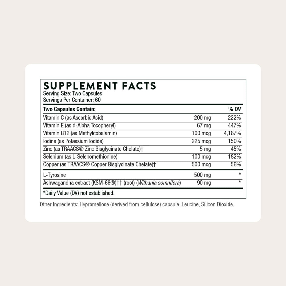 Close-up of THORNE Thyroid Health Complex label highlighting key cofactors