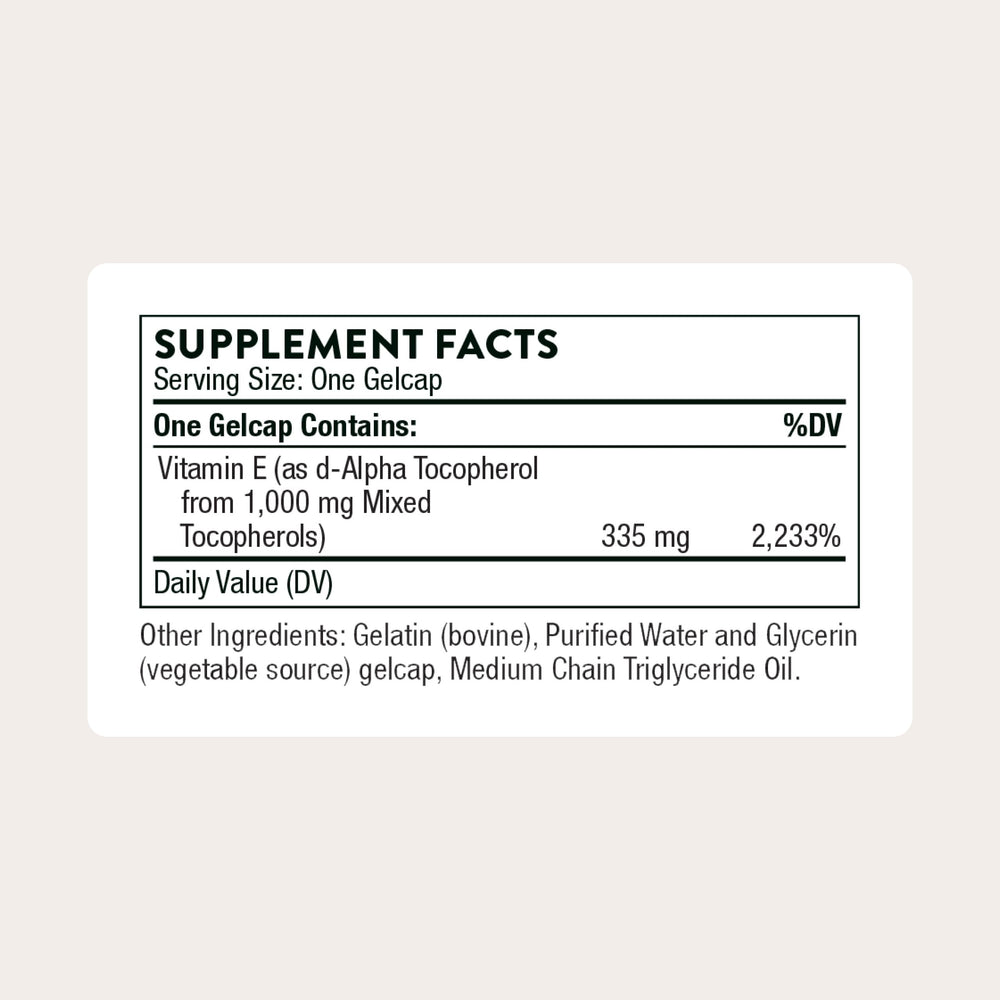 THORNE Ultimate-E bottle back label highlighting purity and allergen free formula
