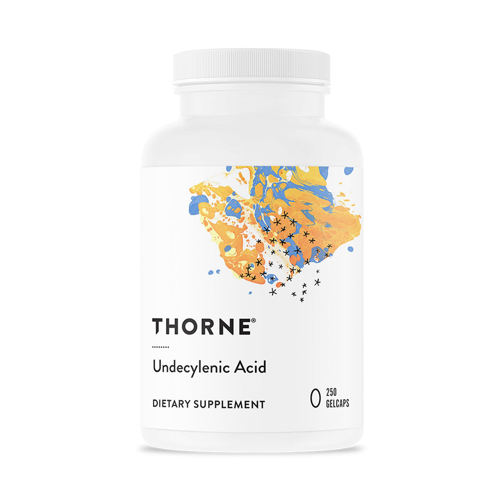 THORNE Undecylenic Acid bottle label supports balanced gut and vaginal flora