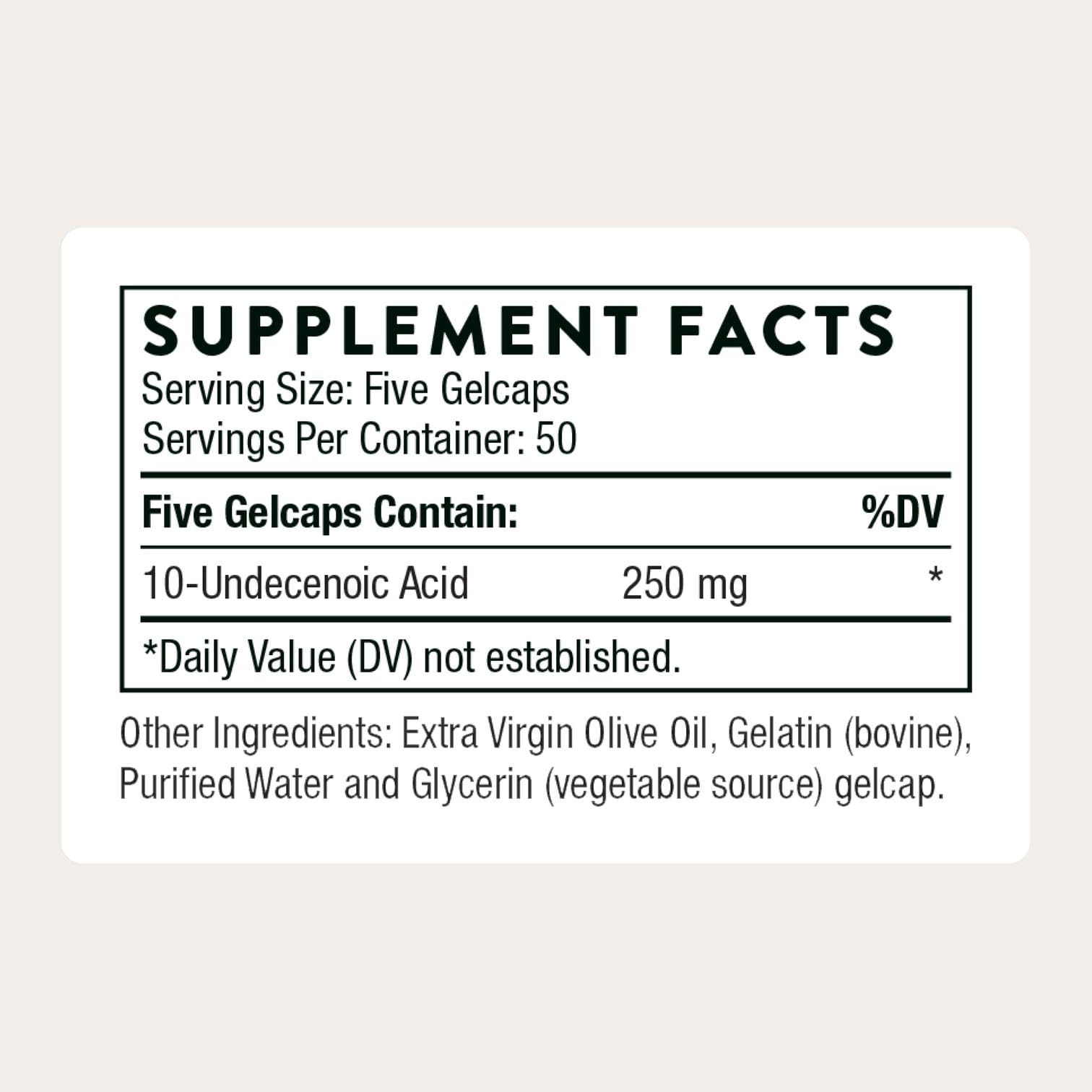 THORNE Undecylenic Acid gelcaps closeup highlighting easy daily use